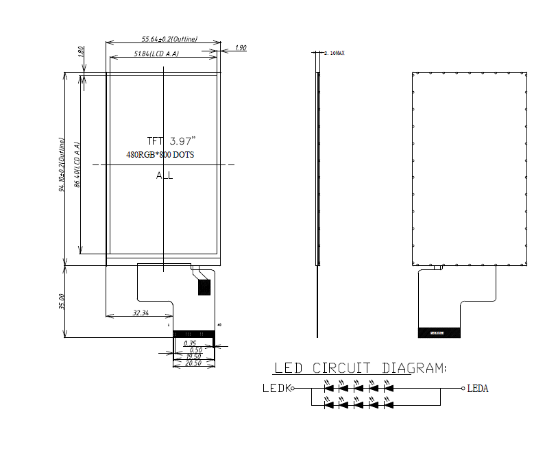 3.97 Inch Standard TFT LCD Module, 480*800 Pixel NT35512 Driver IC IPS 24bit RGB Interface White LED Backlight 250 cd/m2